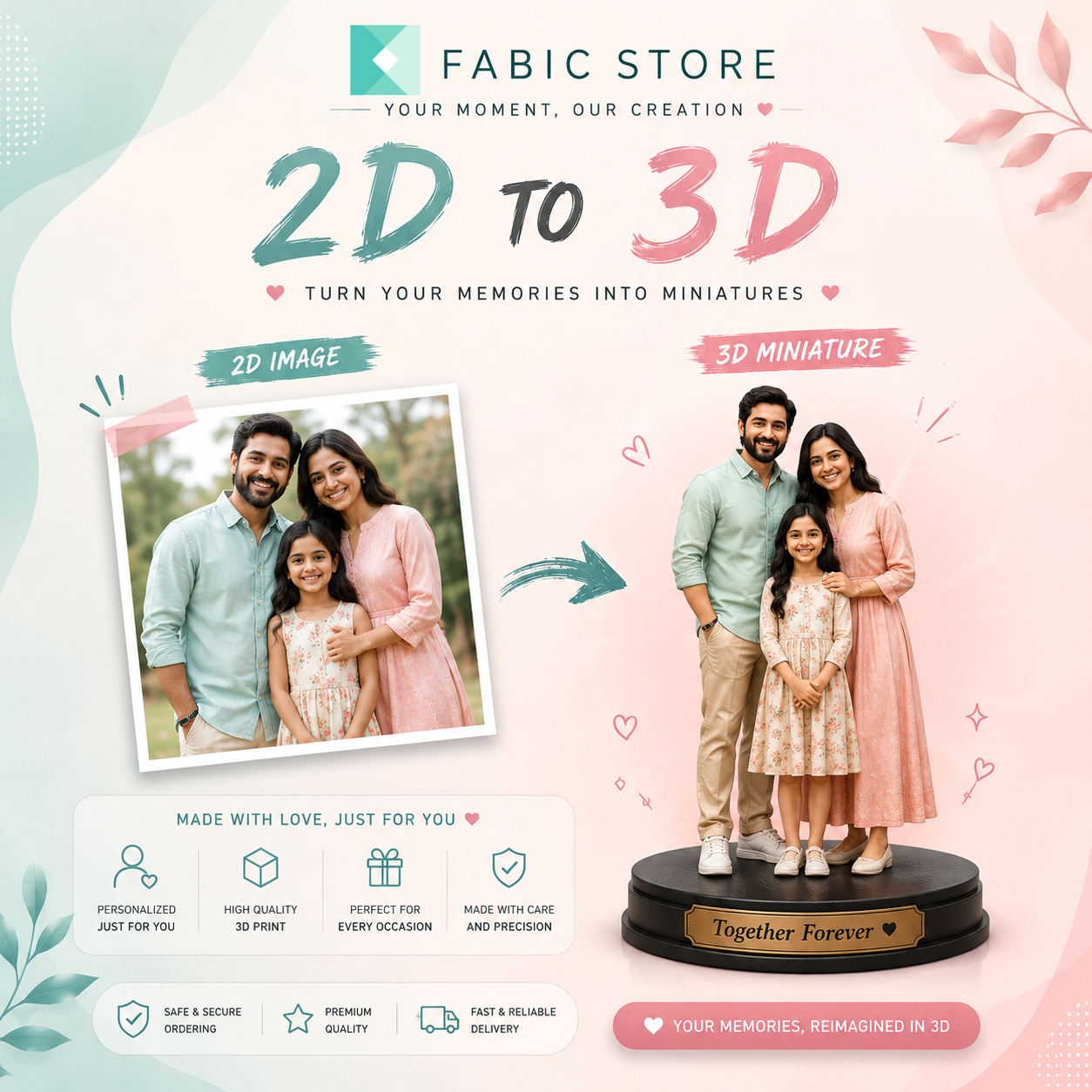 Your Family Forever – Custom 3D Printed Family Statue for 2, 3 or 4 Members